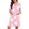 Ekouaer Zipper Robes for Women 3/4 Sleeves House Coat 2026 Zip Up Bathrobe(Pink Floral)