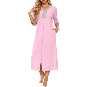 Ekouaer Women’s Zipper Robe 3/4 Sleeves Housecoat Full Length Nightgown(B-pink)