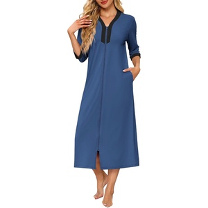 Ekouaer Women’s Zipper Robe 3/4 Sleeves Housecoat Full Length Nightgown(Navy)