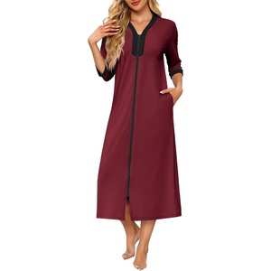Ekouaer Women’s Zipper Robe 3/4 Sleeves Housecoat Full Length Nightgown(Wine Red)