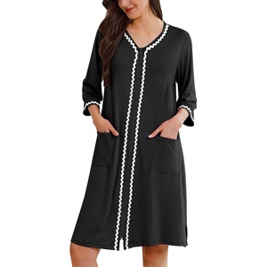 Ekouaer Zipper Robes for Women 3/4 Sleeves House Coat 2026 Zip Up Bathrobe(Black)
