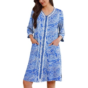 Ekouaer Zipper Robes for Women 3/4 Sleeves House Coat 2026 Zip Up Bathrobe(Blue Pattern)