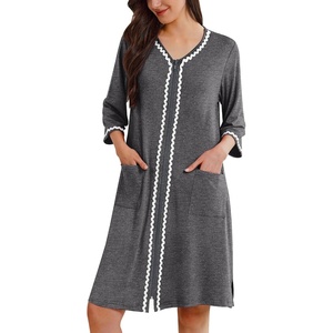 Ekouaer Zipper Robes for Women 3/4 Sleeves House Coat 2026 Zip Up Bathrobe(Deep Gray)