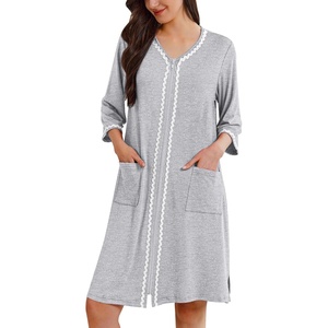 Ekouaer Zipper Robes for Women 3/4 Sleeves House Coat 2026 Zip Up Bathrobe(Light Gray)