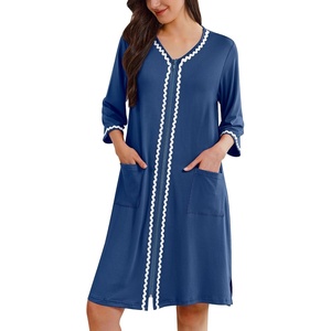 Ekouaer Zipper Robes for Women 3/4 Sleeves House Coat 2026 Zip Up Bathrobe(Navy)