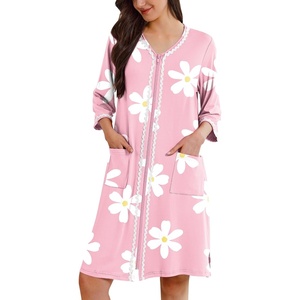 Ekouaer Zipper Robes for Women 3/4 Sleeves House Coat 2026 Zip Up Bathrobe(Pink Floral)