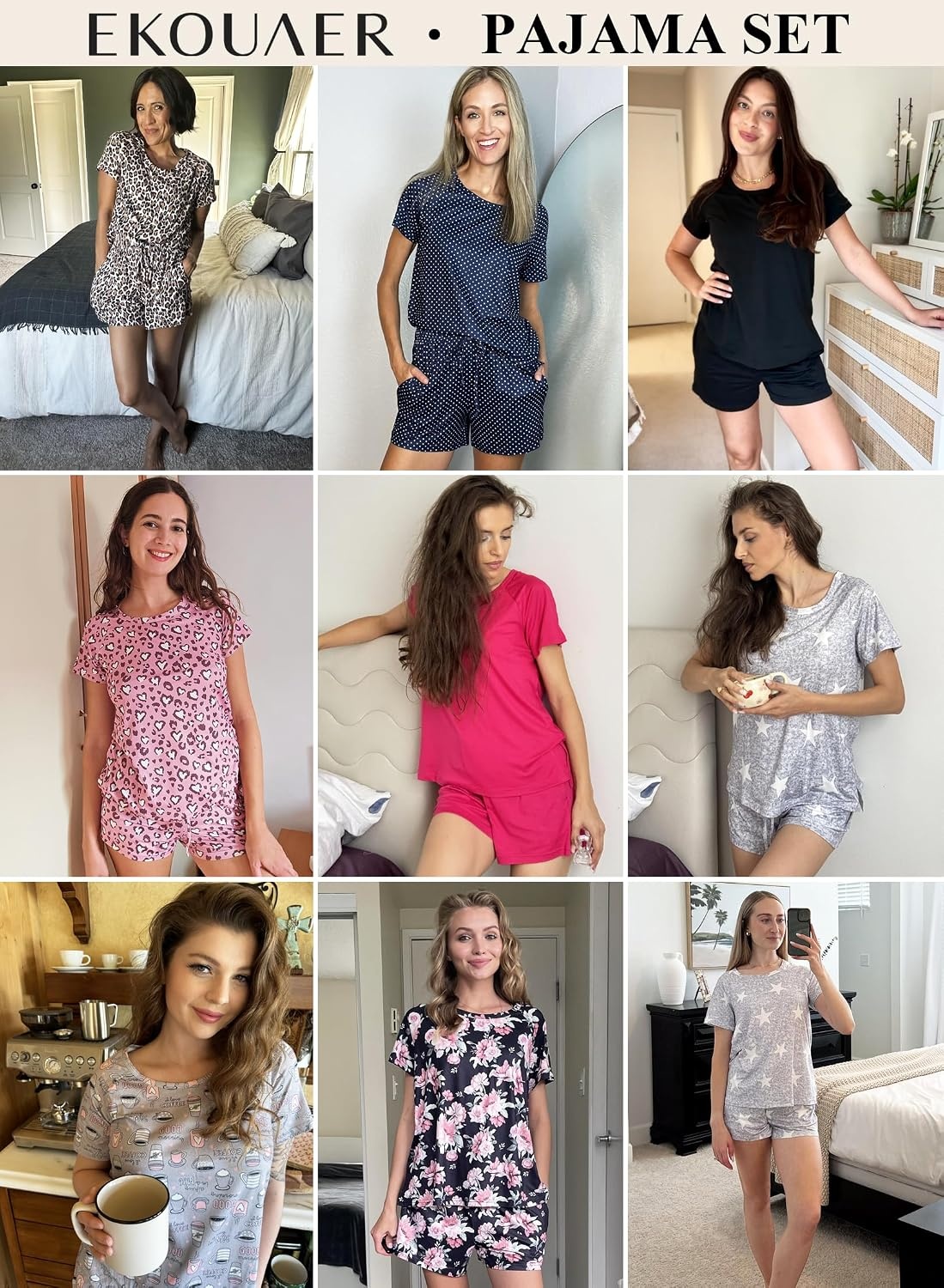 image:imageEkouaer 2 Pack Womens Pajama Sets Short Sleeve Sleepwear Soft Crew Neck Pj Shorts Set Printed Loungewear Set SXXLGrayGray Stripe