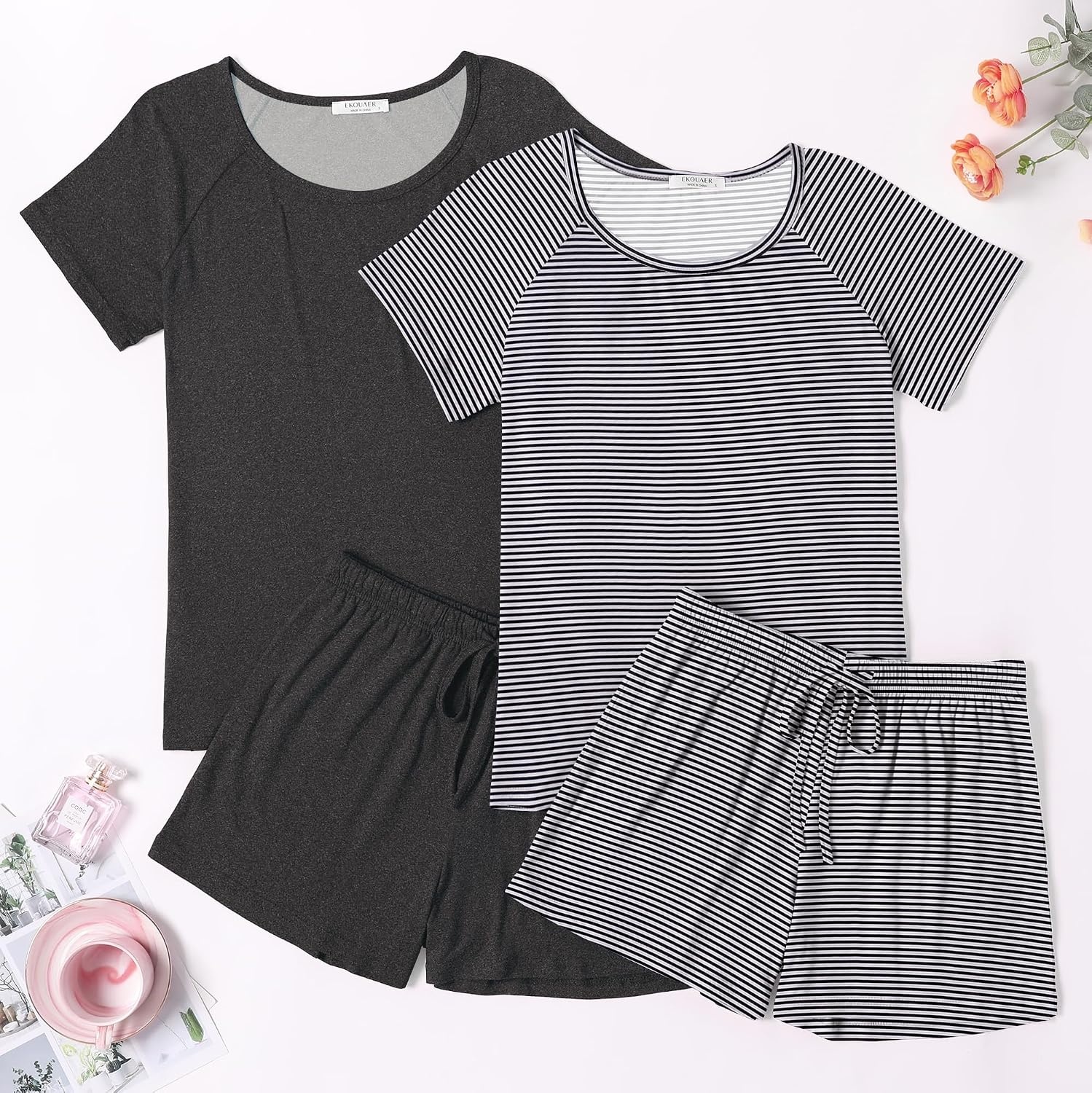 image:imageEkouaer 2 Pack Womens Pajama Sets Short Sleeve Sleepwear Soft Crew Neck Pj Shorts Set Printed Loungewear Set SXXLGrayGray Stripe