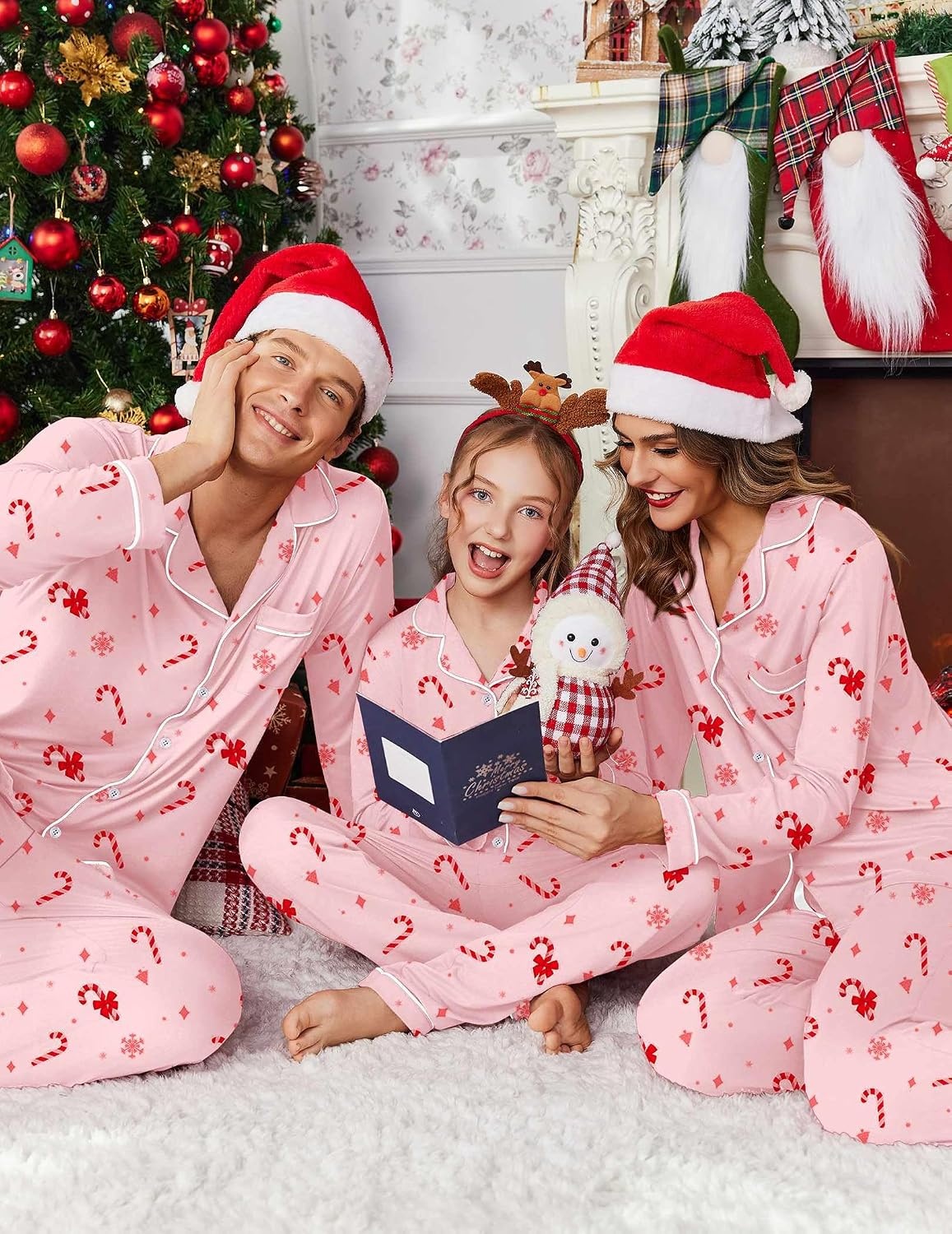 image:imageEkouaer Christmas Family Matching Pajamas Long Sleeve Button Down Pj SetChristmas Pink Candy Cane
