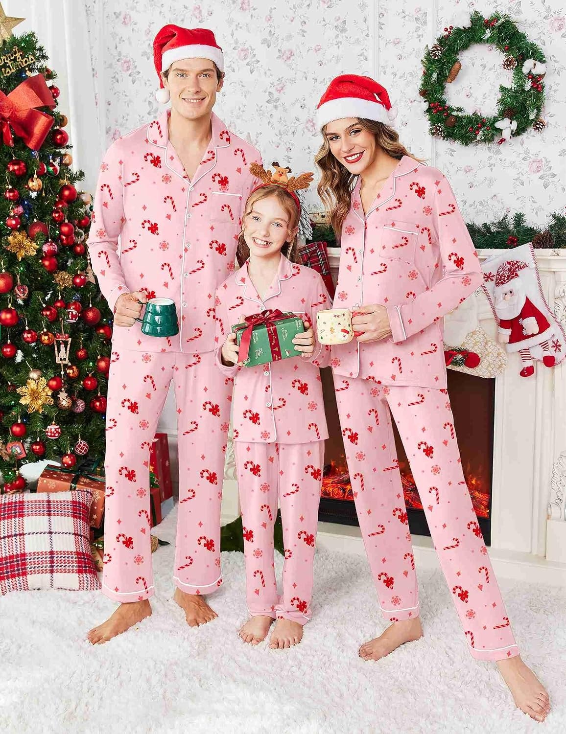 image:imageEkouaer Christmas Family Matching Pajamas Long Sleeve Button Down Pj SetChristmas Pink Candy Cane