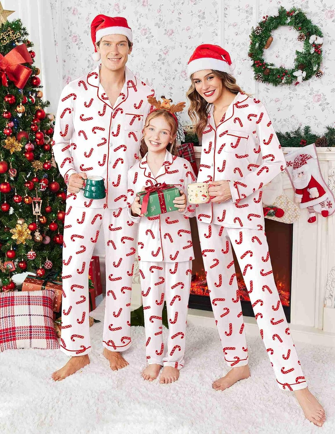 image:imageEkouaer Christmas Family Matching Pajamas Long Sleeve Button Down Pj SetChristmas White Candy Cane