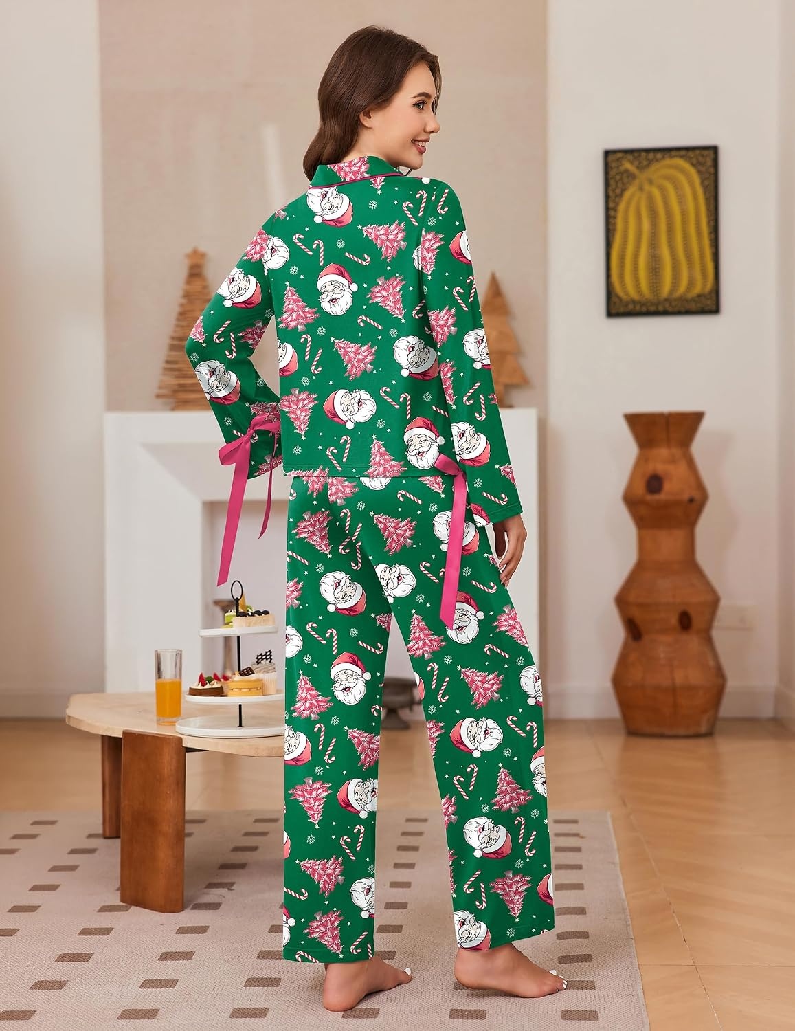 image:imageEkouaer Womens Long Sleeve Pajamas Set Button Down Pj Sets Cute Bow Tie PjsGreen Santa and Pink Christmas Tree