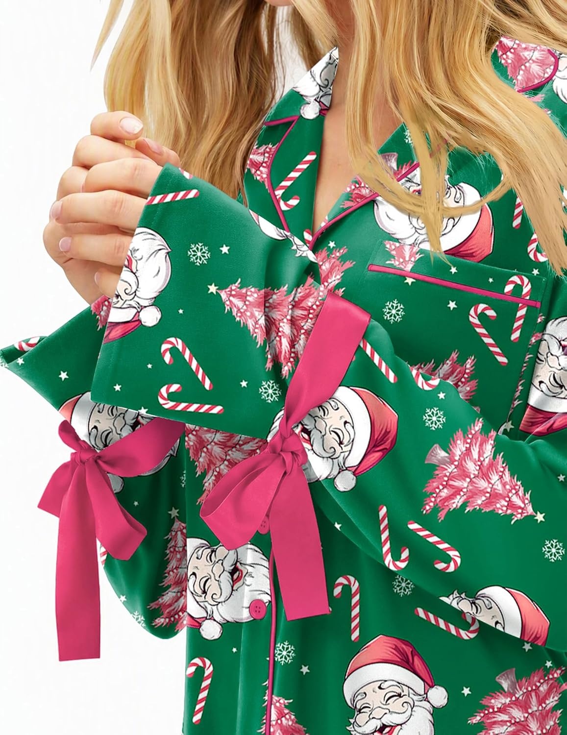 image:imageEkouaer Womens Long Sleeve Pajamas Set Button Down Pj Sets Cute Bow Tie PjsGreen Santa and Pink Christmas Tree
