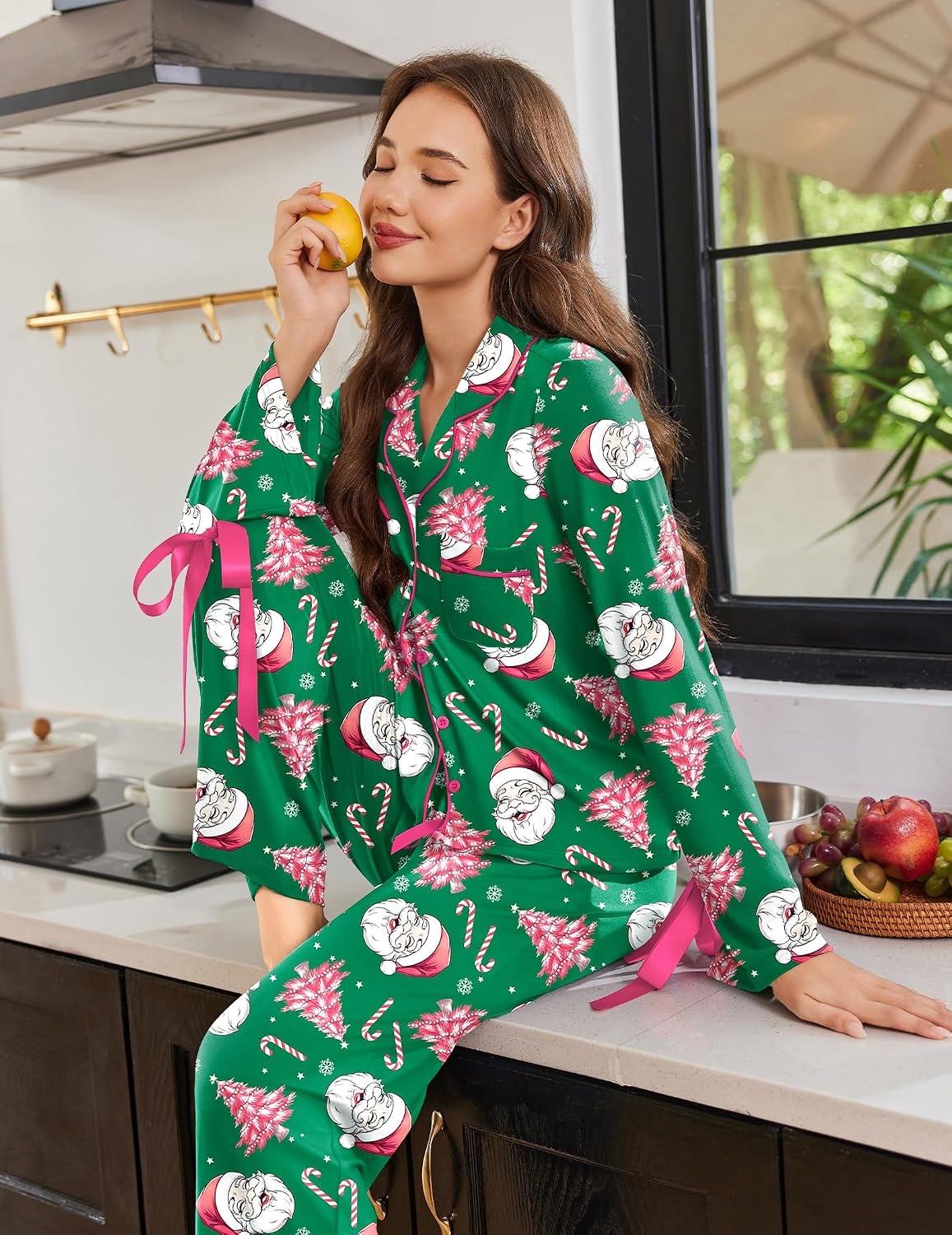 image:imageEkouaer Womens Long Sleeve Pajamas Set Button Down Pj Sets Cute Bow Tie PjsGreen Santa and Pink Christmas Tree