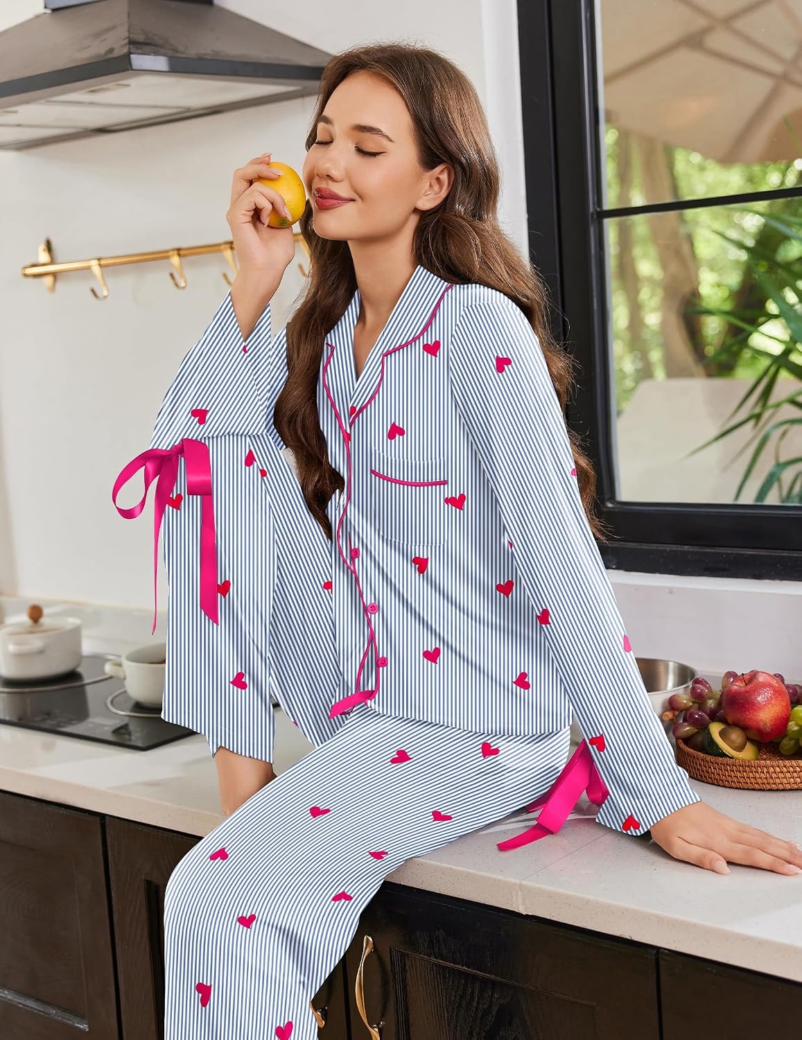 image:imageEkouaer Womens Long Sleeve Pajamas Set Button Down Pj Sets Cute Bow Tie PjsHeart and Blue Stripes