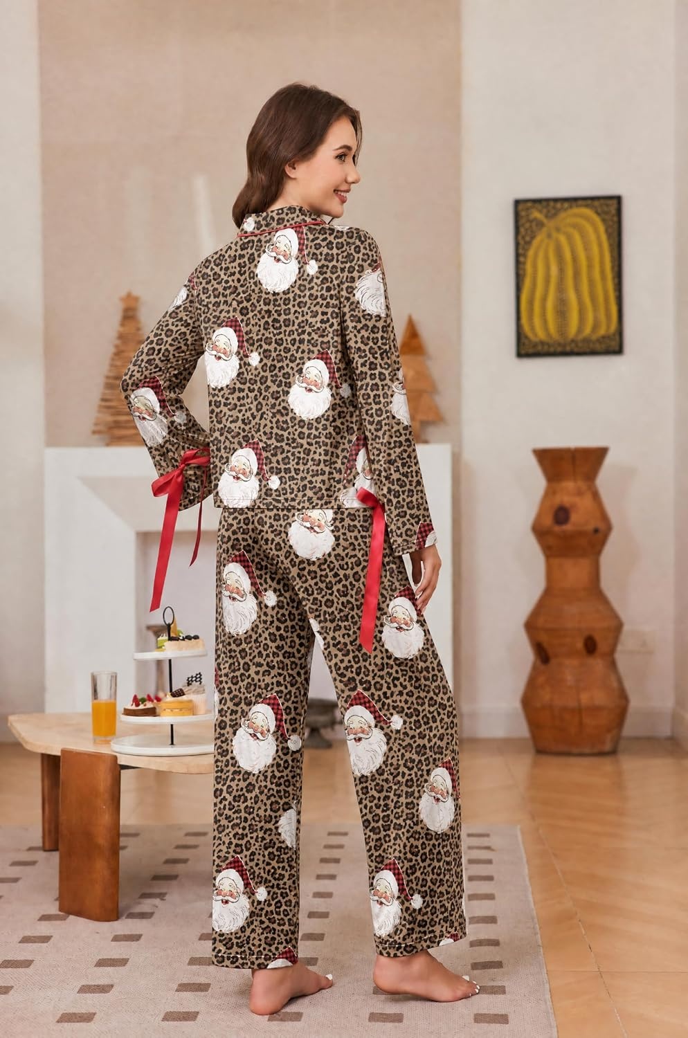 image:imageEkouaer Womens Long Sleeve Pajamas Set Button Down Pj Sets Cute Bow Tie PjsLeopardprint Santa Claus