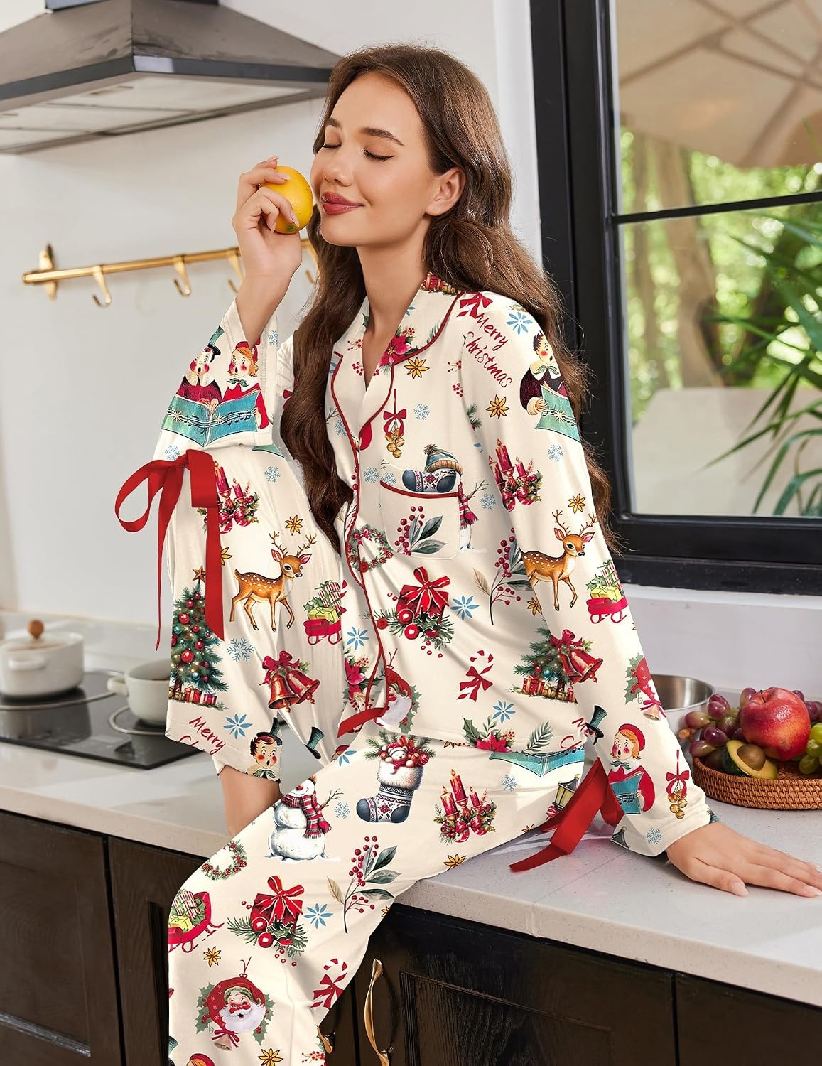 image:imageEkouaer Womens Long Sleeve Pajamas Set Button Down Pj Sets Cute Bow Tie PjsSanta Claus and Bells