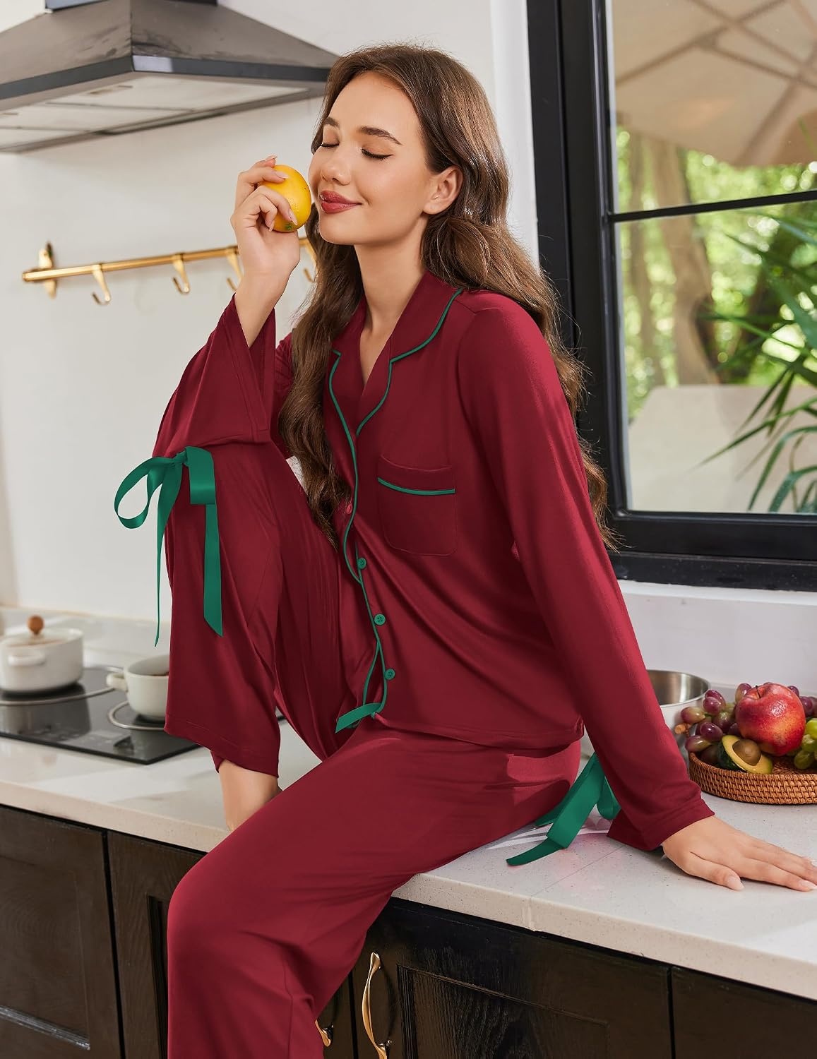 image:imageEkouaer Womens Long Sleeve Pajamas Set Button Down Pj Sets Cute Bow Tie PjsWine Red