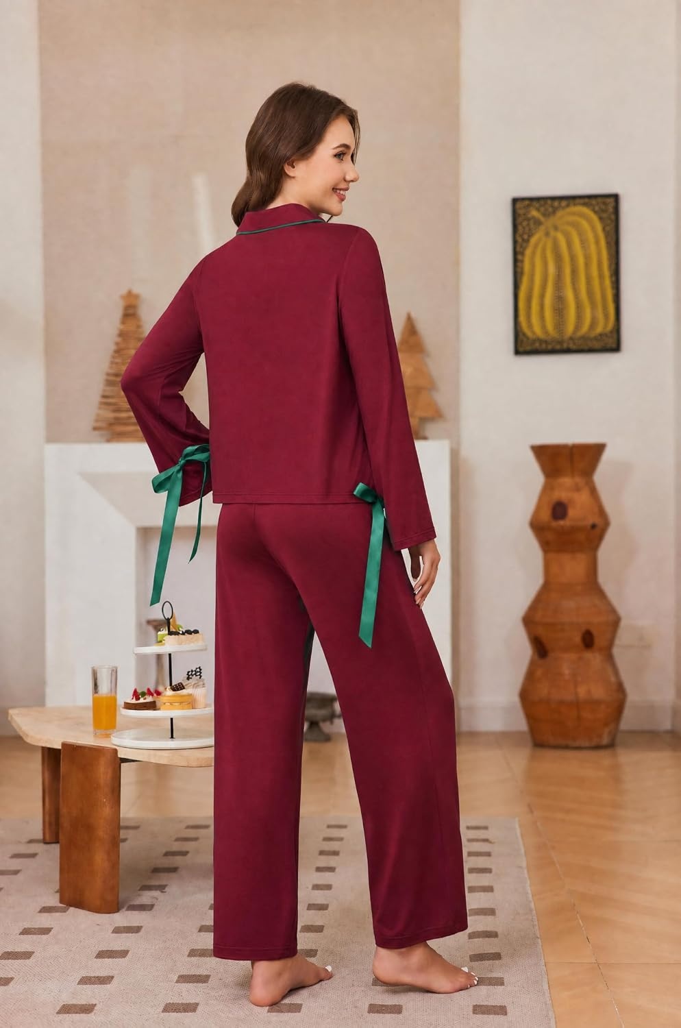 image:imageEkouaer Womens Long Sleeve Pajamas Set Button Down Pj Sets Cute Bow Tie PjsWine Red