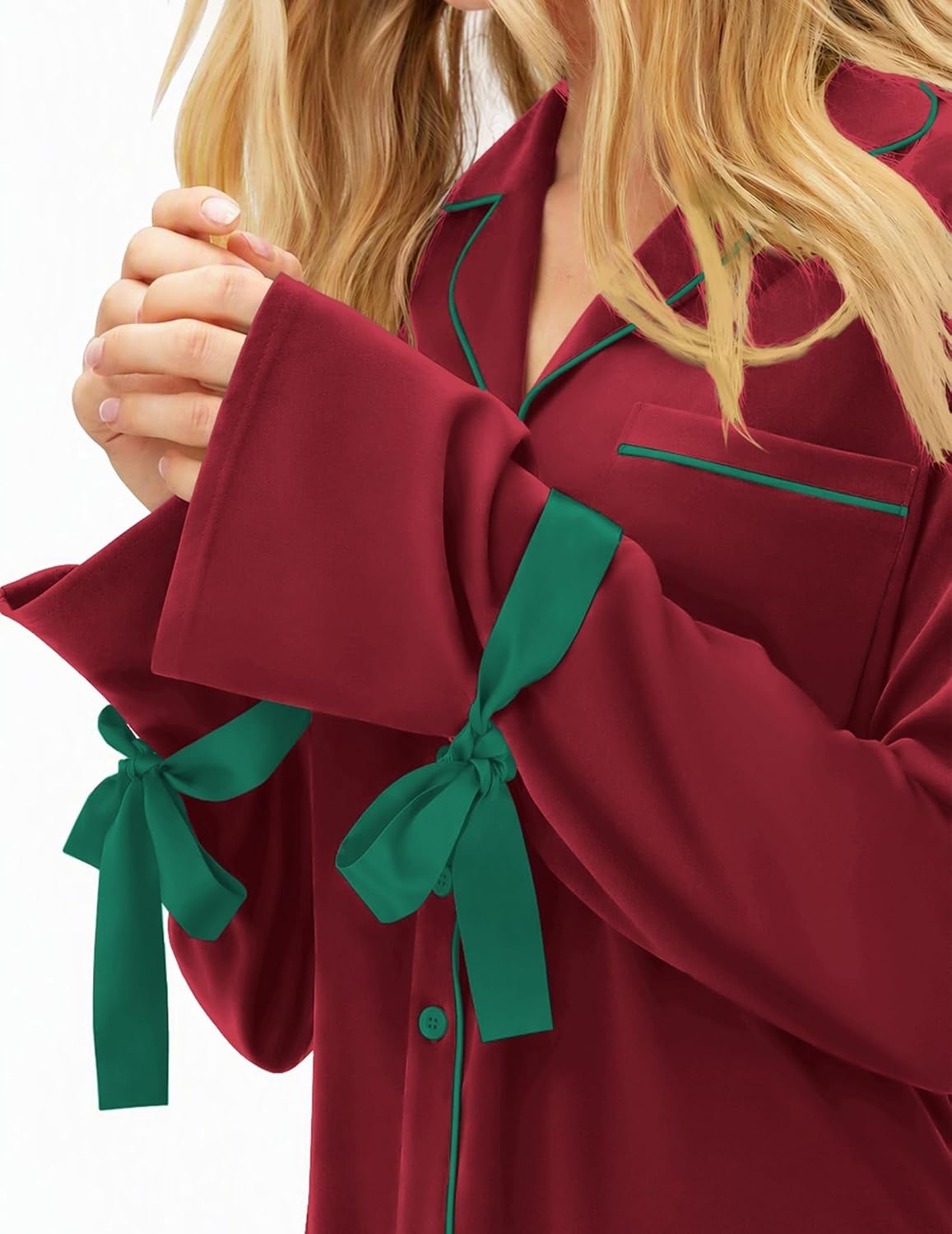 image:imageEkouaer Womens Long Sleeve Pajamas Set Button Down Pj Sets Cute Bow Tie PjsWine Red