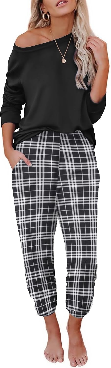 image:imageEkouaer Womens Pajama Sets Long Sleeve Pjs with Jogger Pants Soft SleepwearBlack and White Plaid