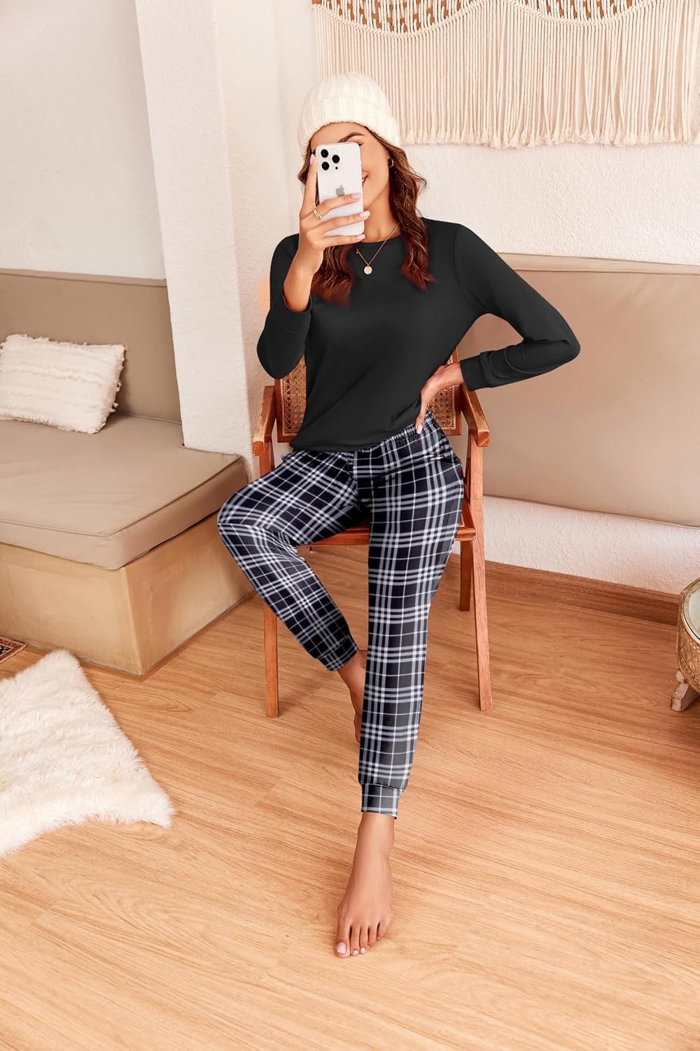 image:imageEkouaer Womens Pajama Sets Long Sleeve Pjs with Jogger Pants Soft SleepwearBlack and White Plaid