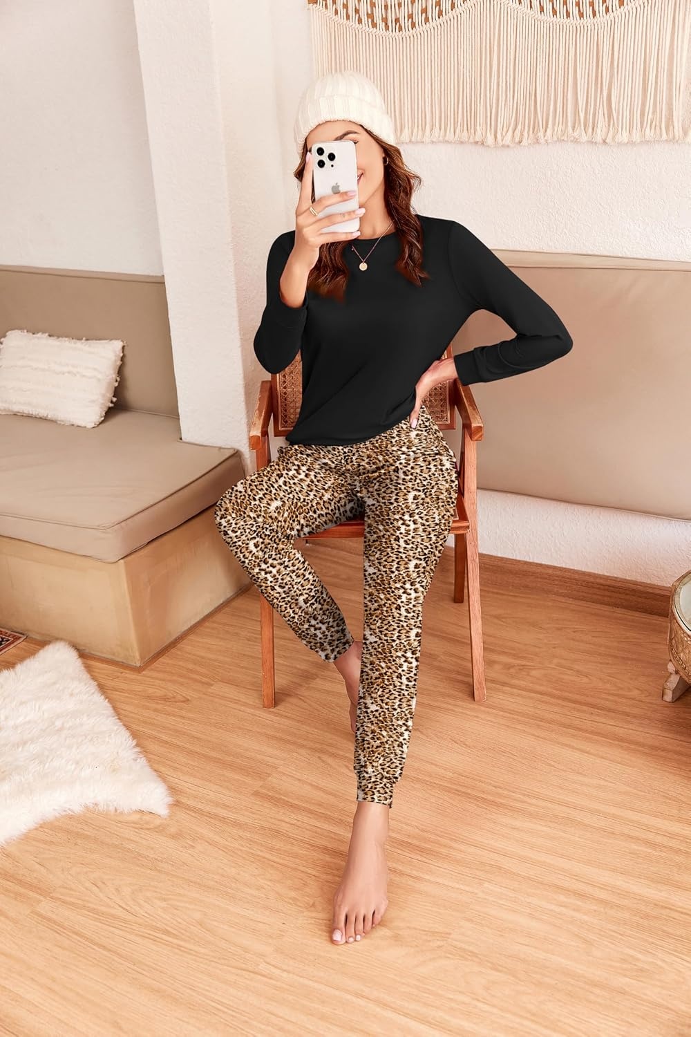 image:imageEkouaer Womens Pajama Sets Long Sleeve Pjs with Jogger Pants Soft SleepwearBrown Leopard