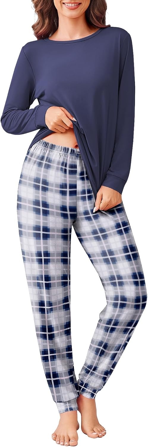 image:imageEkouaer Womens Pajama Sets Long Sleeve Pjs with Jogger Pants Soft SleepwearDark Blue Plaid