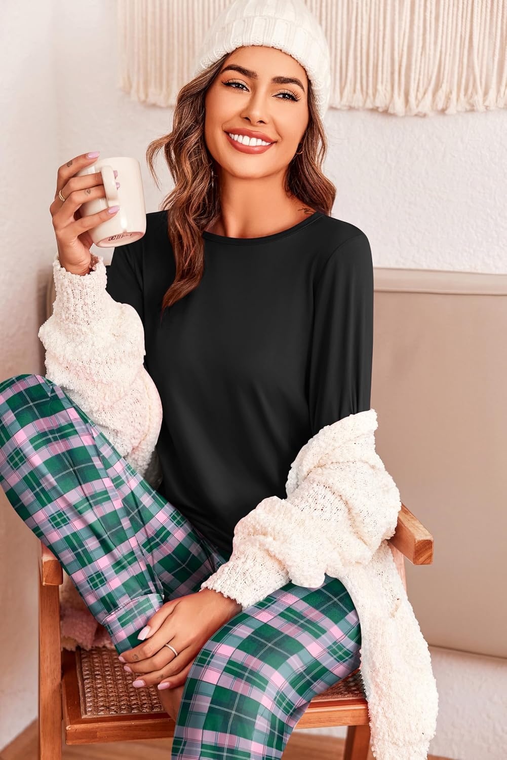 image:imageEkouaer Womens Pajama Sets Long Sleeve Pjs with Jogger Pants Soft SleepwearGreen Plaid