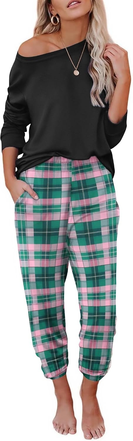 image:imageEkouaer Womens Pajama Sets Long Sleeve Pjs with Jogger Pants Soft SleepwearGreen Plaid