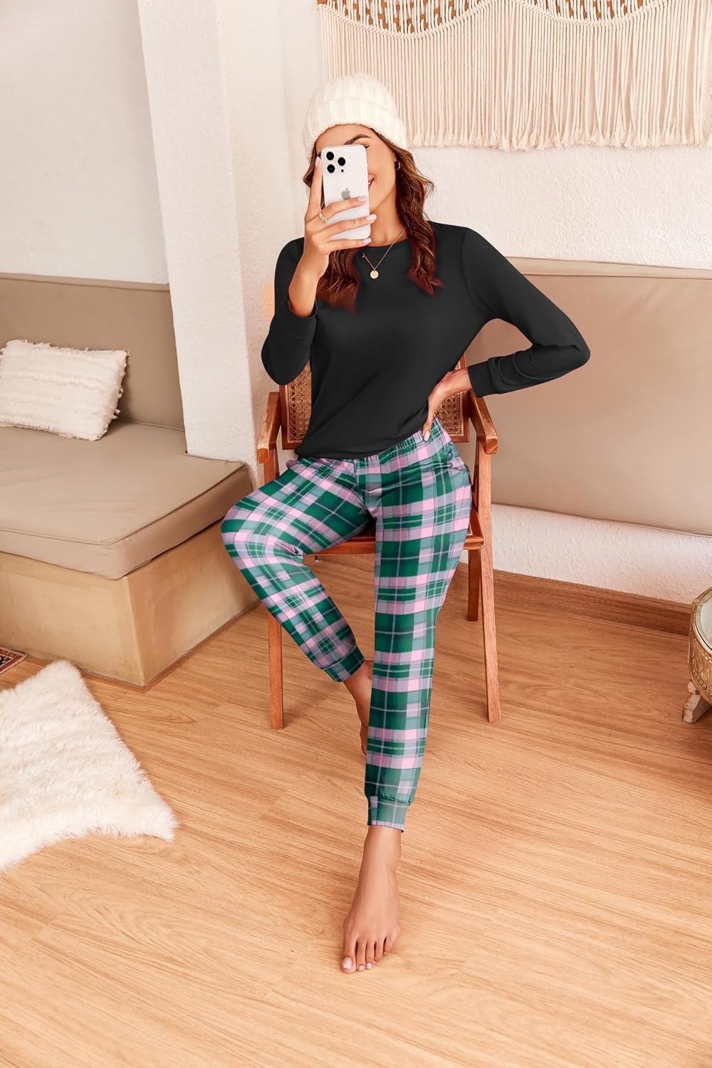 image:imageEkouaer Womens Pajama Sets Long Sleeve Pjs with Jogger Pants Soft SleepwearGreen Plaid