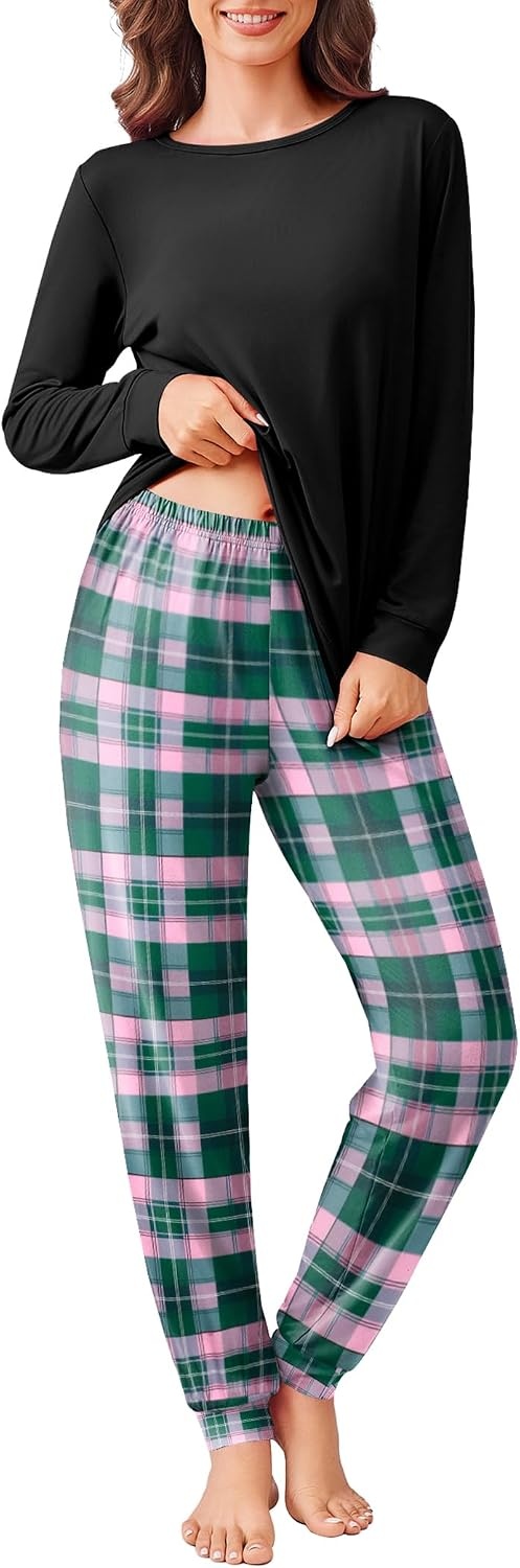 image:imageEkouaer Womens Pajama Sets Long Sleeve Pjs with Jogger Pants Soft SleepwearGreen Plaid