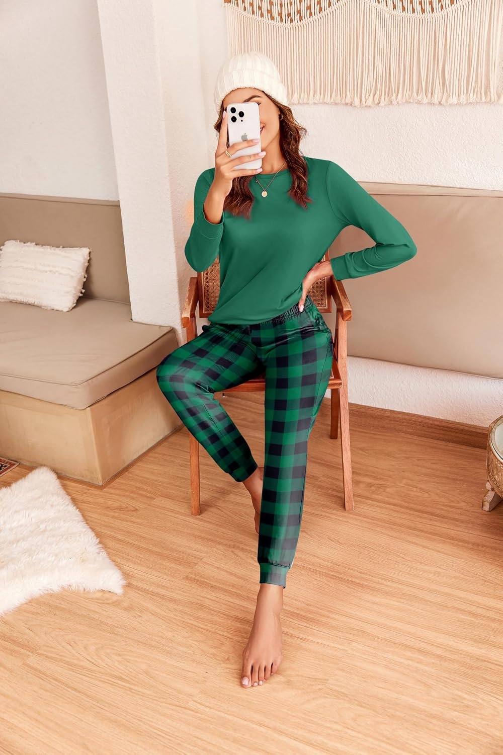 image:imageEkouaer Womens Pajama Sets Long Sleeve Pjs with Jogger Pants Soft SleepwearGreen and Black Plaid