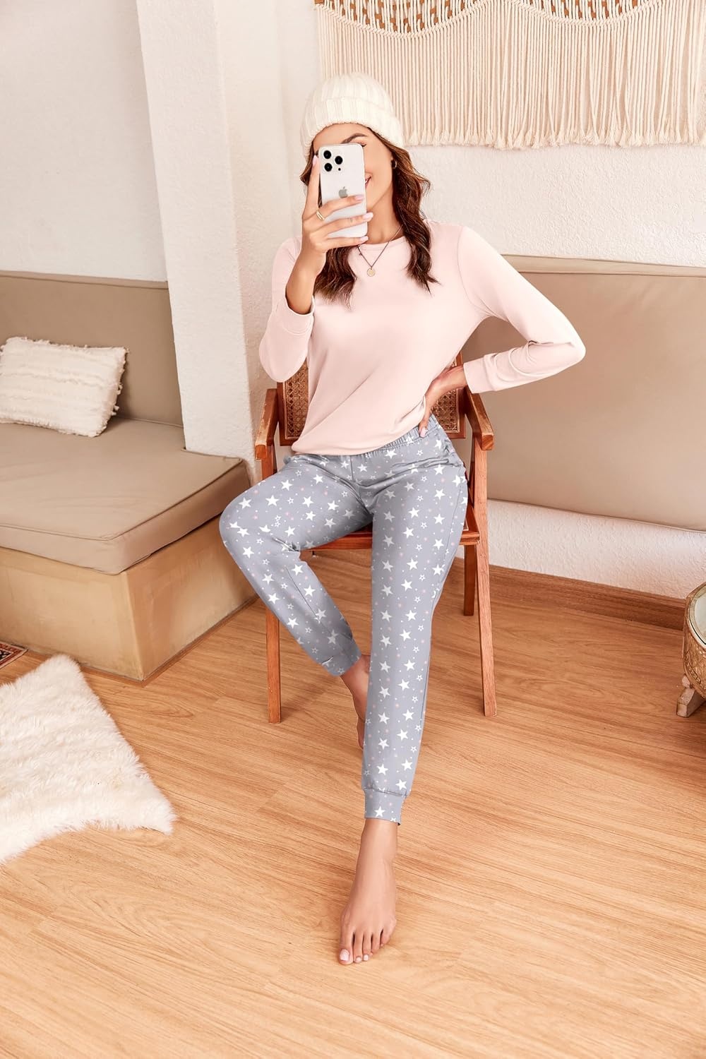 image:imageEkouaer Womens Pajama Sets Long Sleeve Pjs with Jogger Pants Soft SleepwearGrey Stars