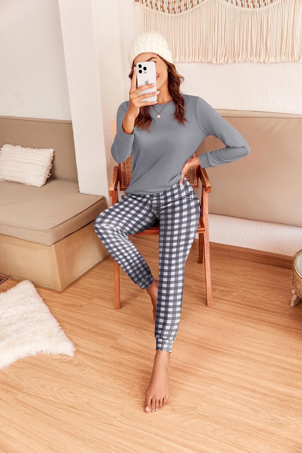 image:imageEkouaer Womens Pajama Sets Long Sleeve Pjs with Jogger Pants Soft SleepwearGrey and White Plaid
