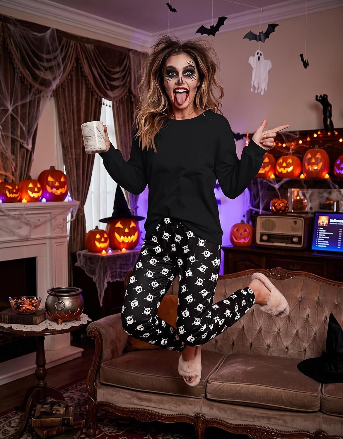 image:imageEkouaer Womens Pajama Sets Long Sleeve Pjs with Jogger Pants Soft SleepwearHalloween Skull