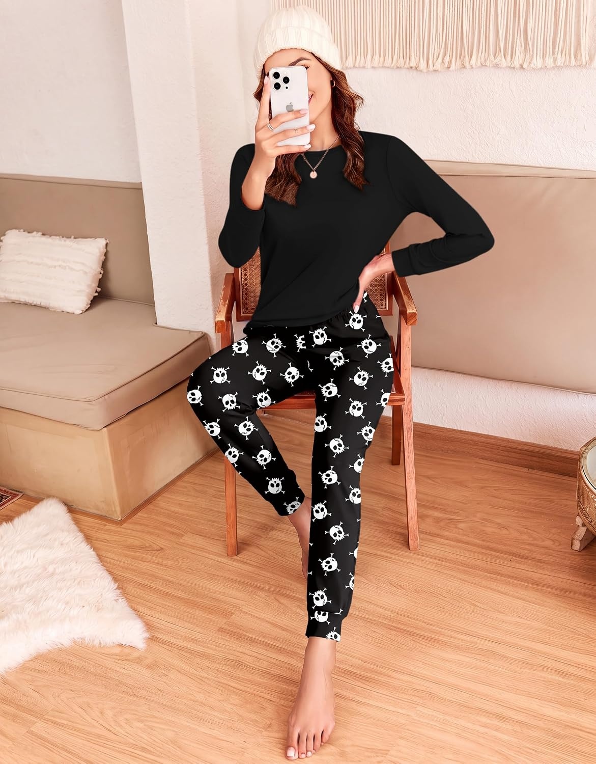 image:imageEkouaer Womens Pajama Sets Long Sleeve Pjs with Jogger Pants Soft SleepwearHalloween Skull