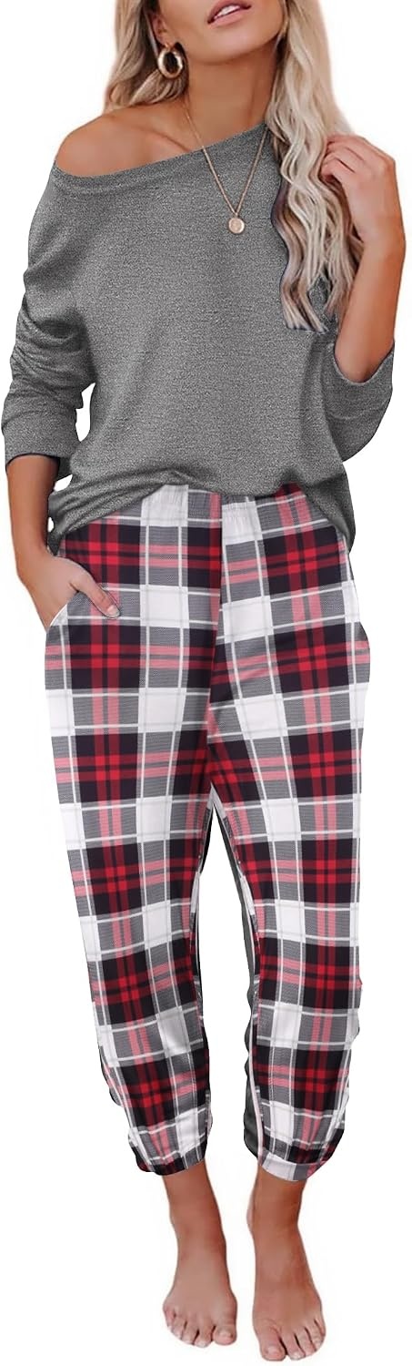 image:imageEkouaer Womens Pajama Sets Long Sleeve Pjs with Jogger Pants Soft SleepwearRed and Grey Plaid