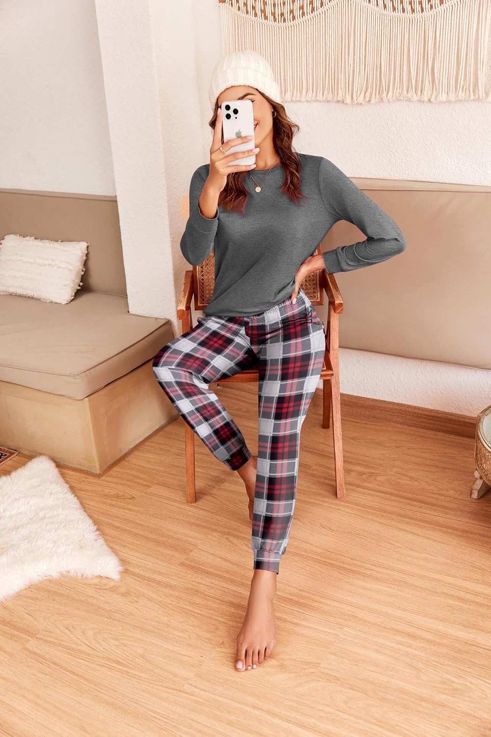 image:imageEkouaer Womens Pajama Sets Long Sleeve Pjs with Jogger Pants Soft SleepwearRed and Grey Plaid