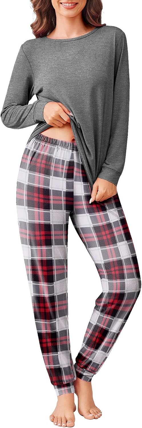 image:imageEkouaer Womens Pajama Sets Long Sleeve Pjs with Jogger Pants Soft SleepwearRed and Grey Plaid