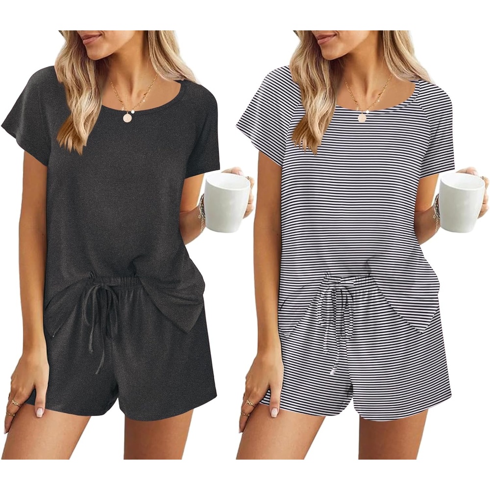 image:imageEkouaer 2 Pack Womens Pajama Sets Short Sleeve Sleepwear Soft Crew Neck Pj Shorts Set Printed Loungewear Set SXXLGrayGray Stripe