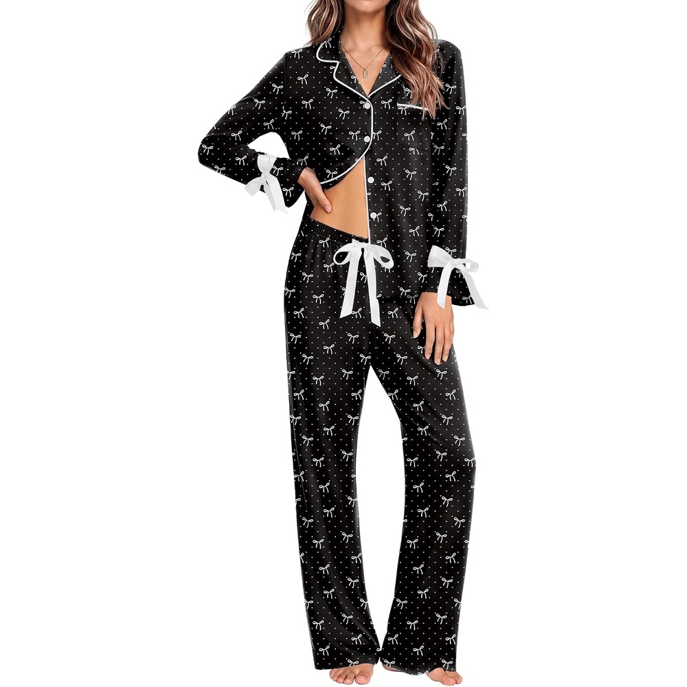 image:imageEkouaer Womens Long Sleeve Pajamas Set Button Down Pj Sets Cute Bow Tie PjsBlack Heart and Bow