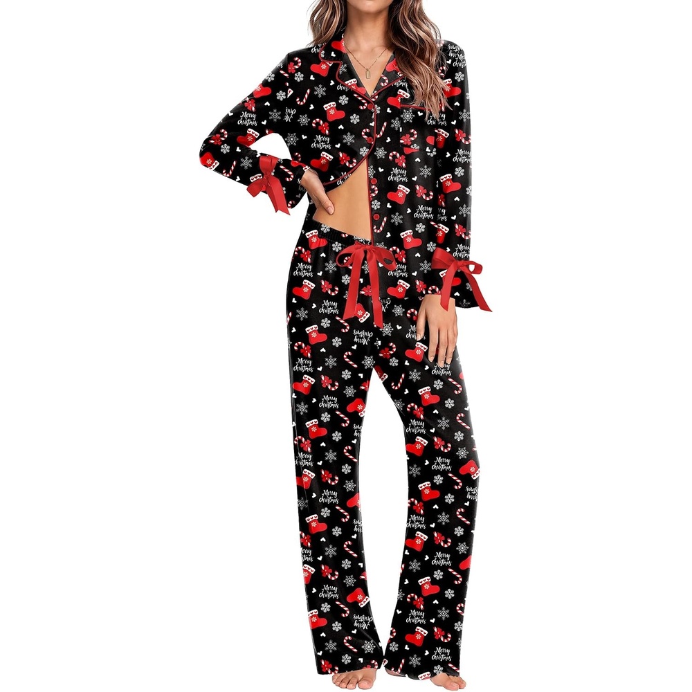 image:imageEkouaer Womens Long Sleeve Pajamas Set Button Down Pj Sets Cute Bow Tie PjsChristmas Boots and Candy Canes