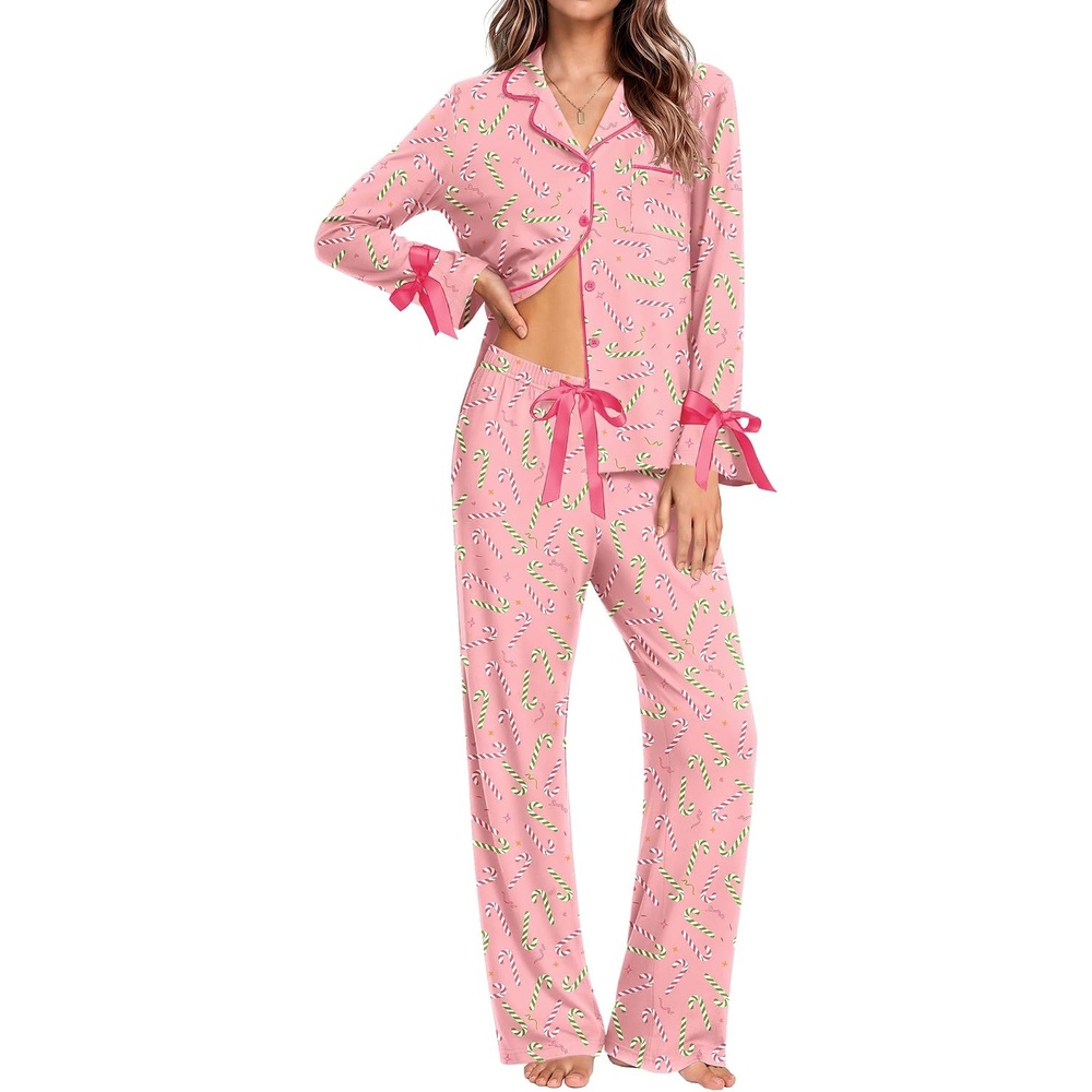 image:imageEkouaer Womens Long Sleeve Pajamas Set Button Down Pj Sets Cute Bow Tie PjsChristmas Pink Candy Canes
