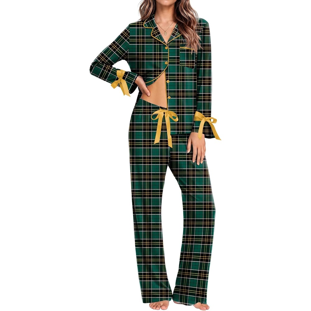 image:imageEkouaer Womens Long Sleeve Pajamas Set Button Down Pj Sets Cute Bow Tie PjsGreen Checkered