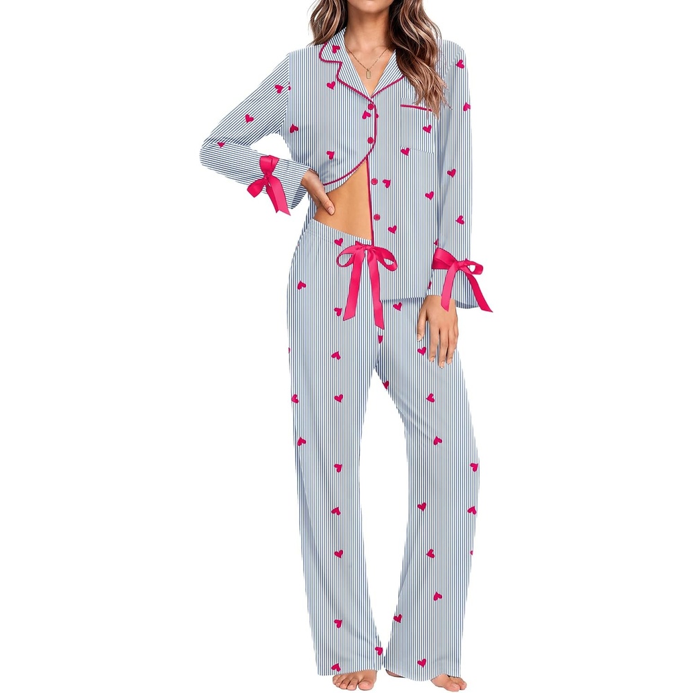 image:imageEkouaer Womens Long Sleeve Pajamas Set Button Down Pj Sets Cute Bow Tie PjsHeart and Blue Stripes
