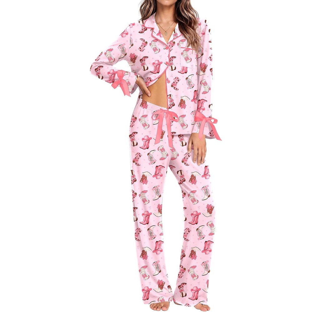 image:imageEkouaer Womens Long Sleeve Pajamas Set Button Down Pj Sets Cute Bow Tie PjsPink Cowboy Boots
