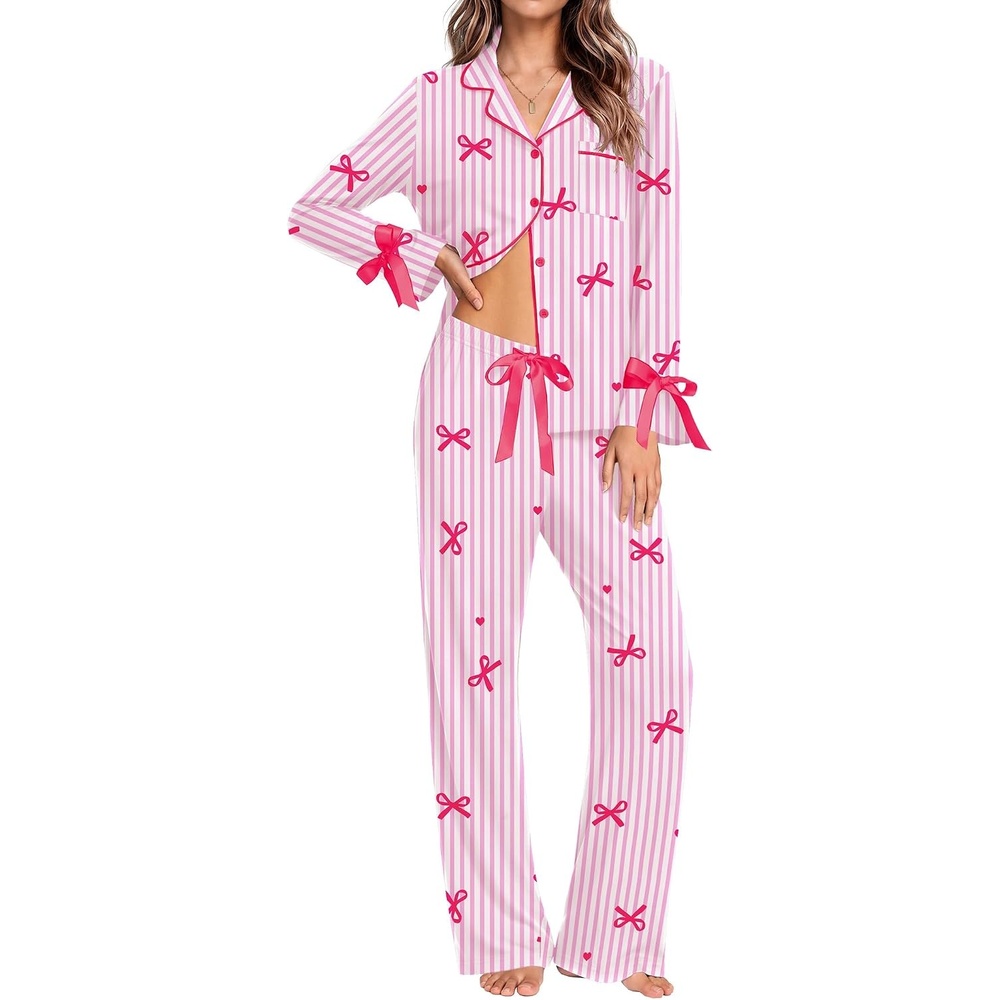 image:imageEkouaer Womens Long Sleeve Pajamas Set Button Down Pj Sets Cute Bow Tie PjsPink Striped Bow