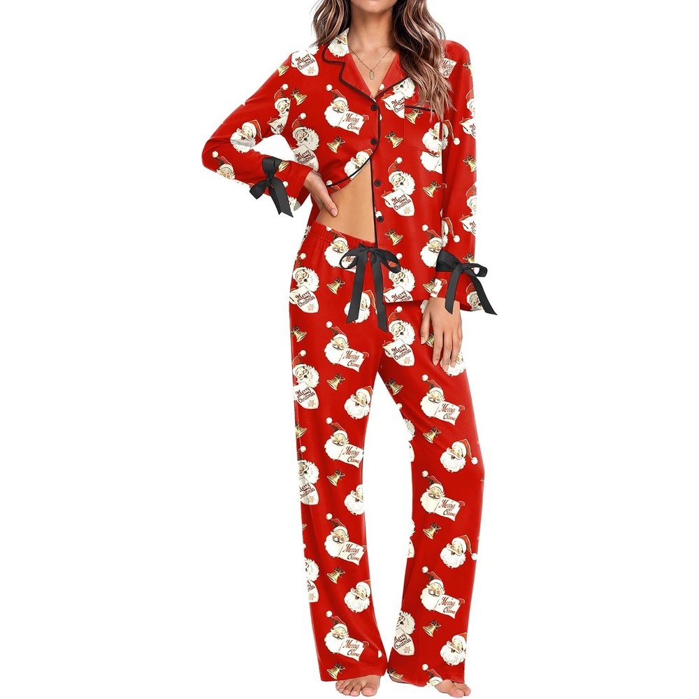 image:imageEkouaer Womens Long Sleeve Pajamas Set Button Down Pj Sets Cute Bow Tie PjsRed Santa Claus