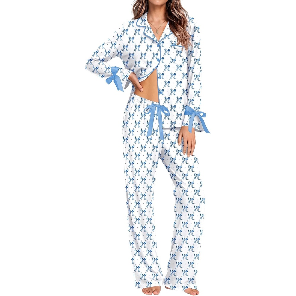 image:imageEkouaer Womens Long Sleeve Pajamas Set Button Down Pj Sets Cute Bow Tie PjsWhite and Pink Bow